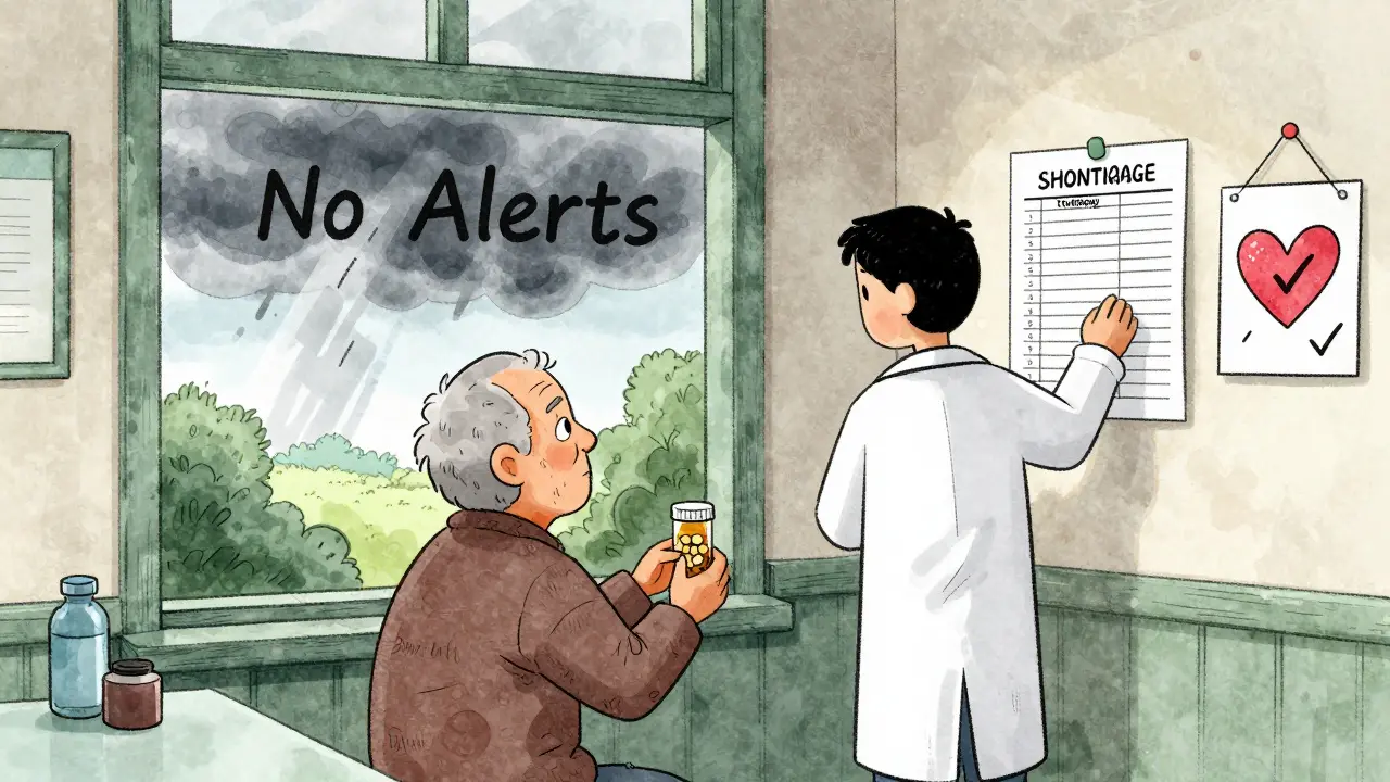 Rural provider uses a printed shortage list as an elderly patient looks confused.