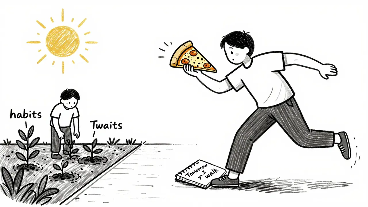 Someone holding pizza but planning to get back on track, with habits growing like plants in the background.