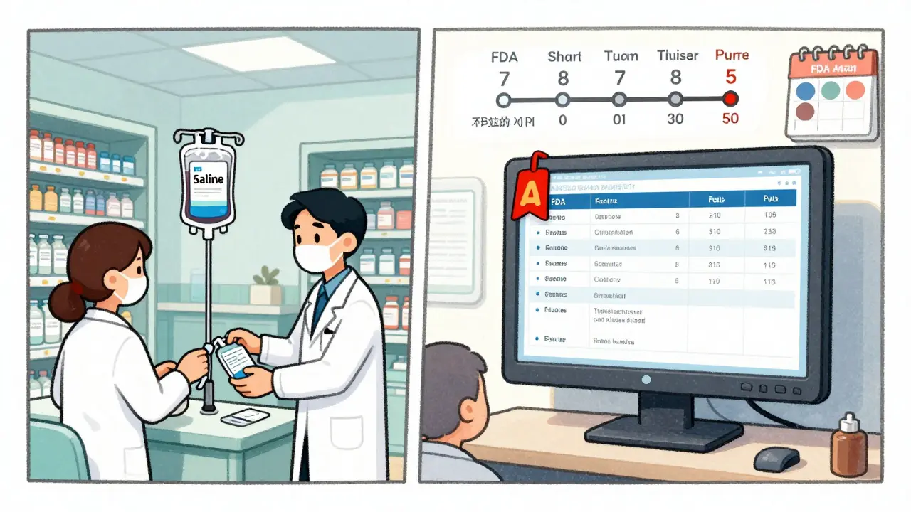 Split scene: hospital staff rationing IV fluids while a dashboard shows FDA shortage data with a 7-day delay indicator.