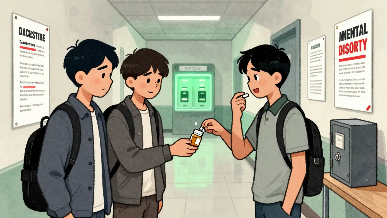 Three students passing a pill bottle in a campus hallway, with a disposal kiosk visible in the background.