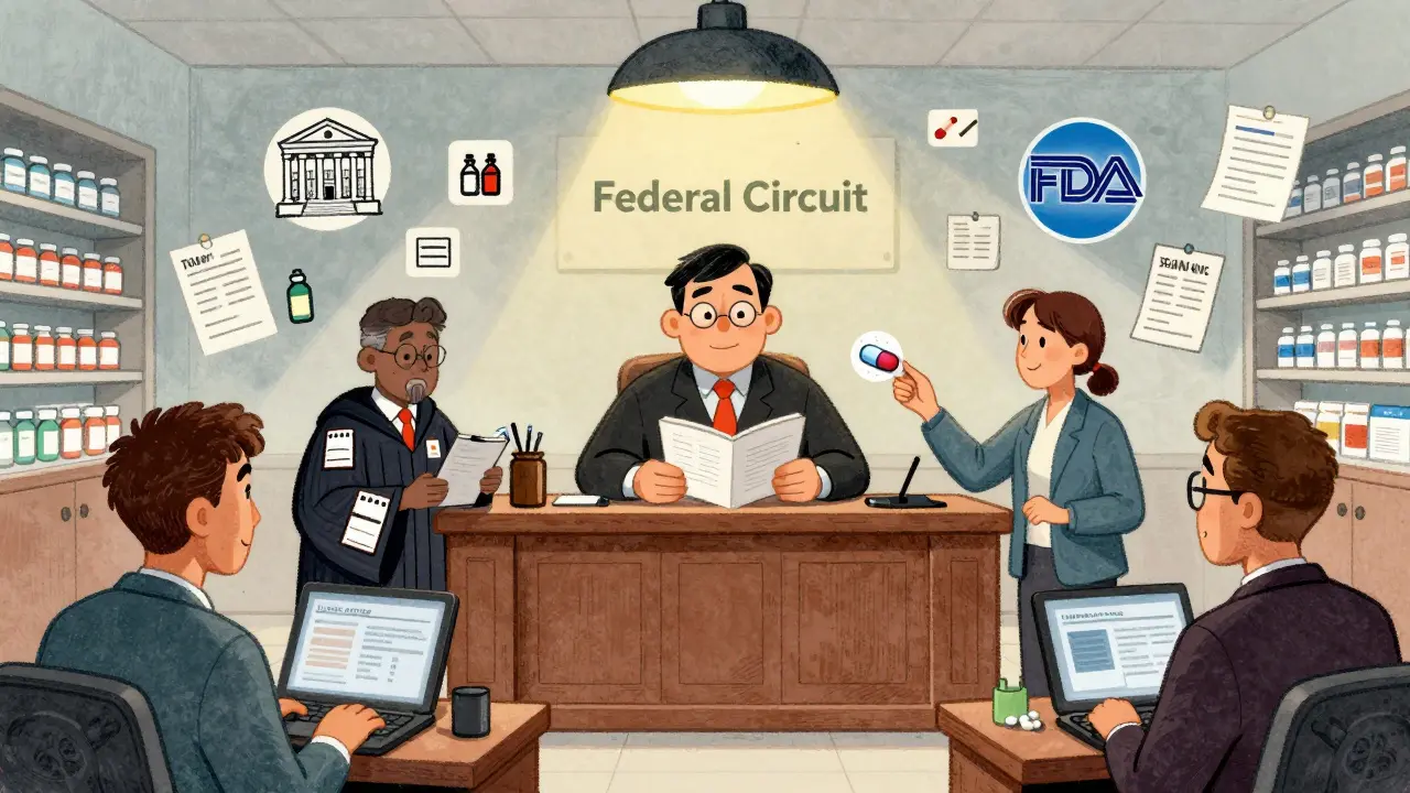 A courtroom inside a pharmacy where judges in prescription-label robes preside over a dispute between generic and brand drug companies, with floating legal icons.