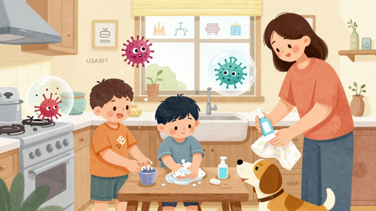 A family practicing hygiene at home, with cartoon microbes being washed away and blocked by soap bubbles.