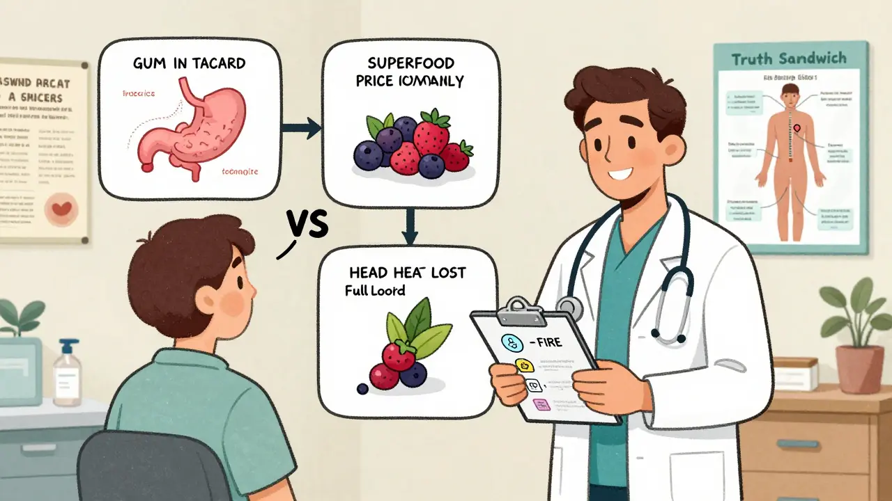 A healthcare provider uses the Truth Sandwich method to debunk myths, with visual comparisons of facts and fiction.
