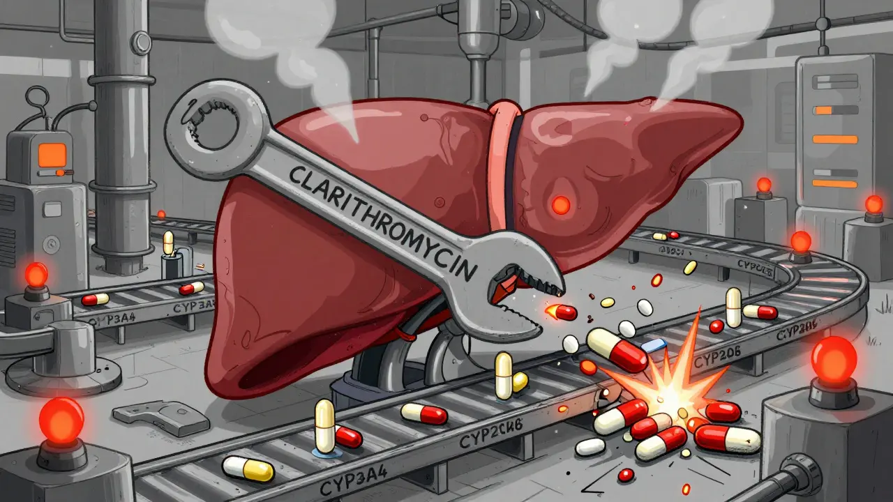 A liver factory with drug molecules jammed by clarithromycin, causing toxic buildup of lumefantrine.
