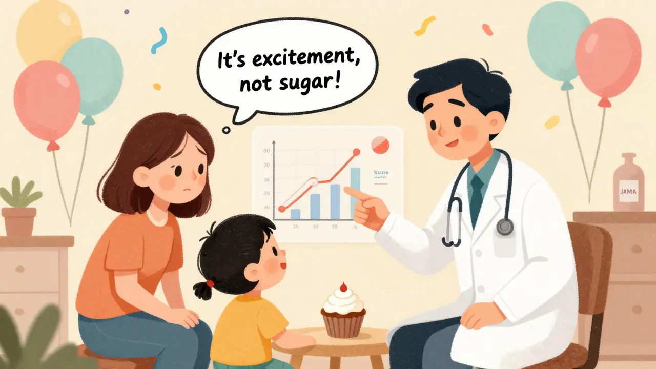 A pediatrician explains to a parent and child at a party, showing sugar doesn't cause hyperactivity, in hand-drawn cartoon style.