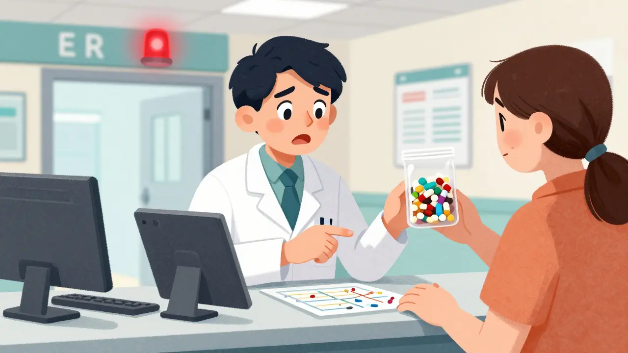 A pharmacist showing a drug interaction chart to a patient holding multiple medications.