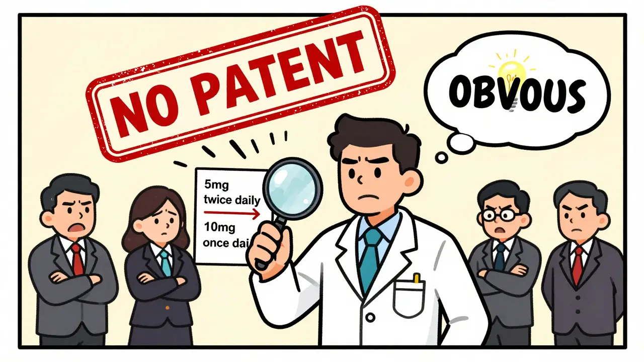 A scientist examines dosing regimens under a magnifying glass as a 'NO PATENT' stamp falls, while patent attorneys look on in frustration.
