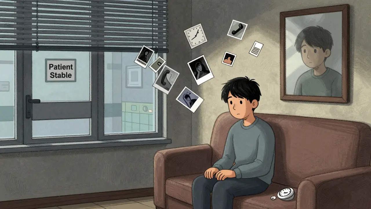 A survivor sitting alone, surrounded by fading memories, their mirror reflection showing their former self, conveying lasting emotional and cognitive trauma.