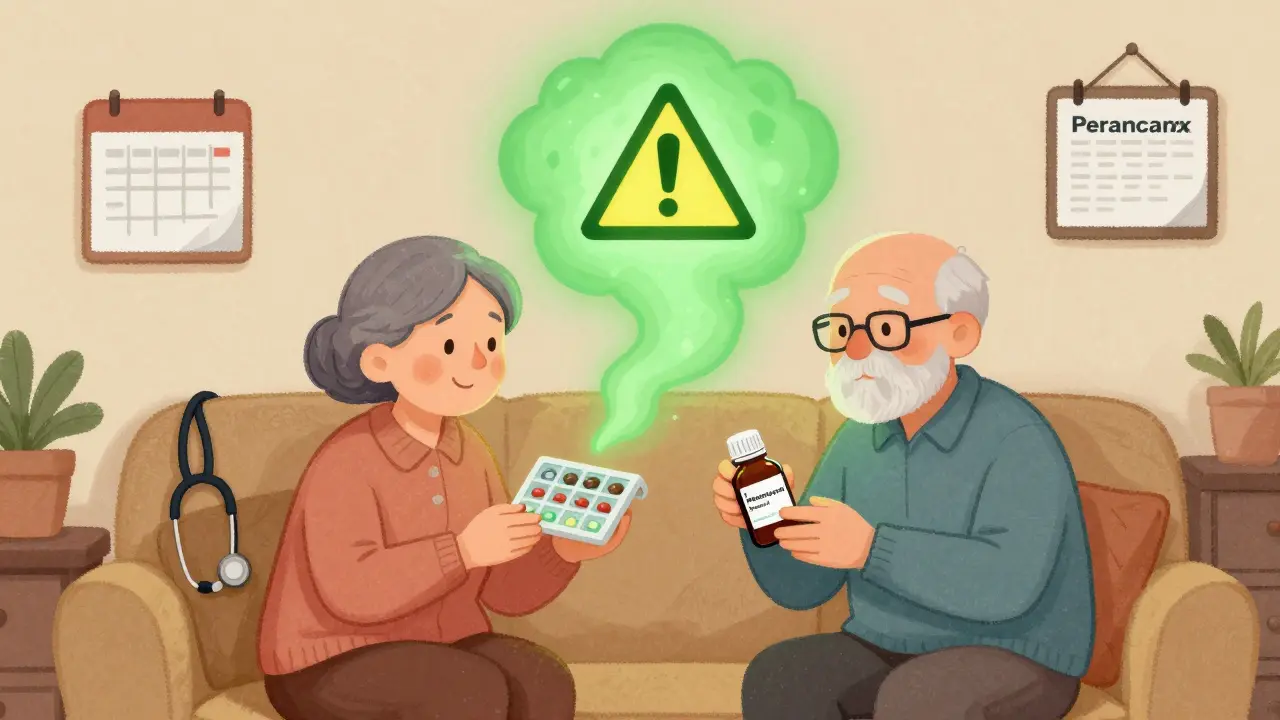 An elderly couple in a living room with a ghostly green serotonin cloud rising between them.