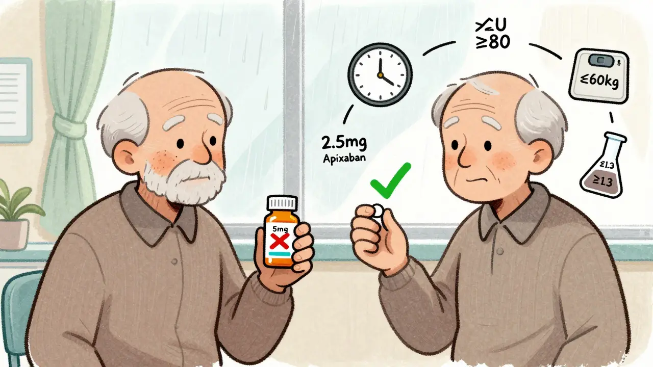 An elderly patient comparing incorrect and correct apixaban doses, with icons for age, weight, and creatinine.