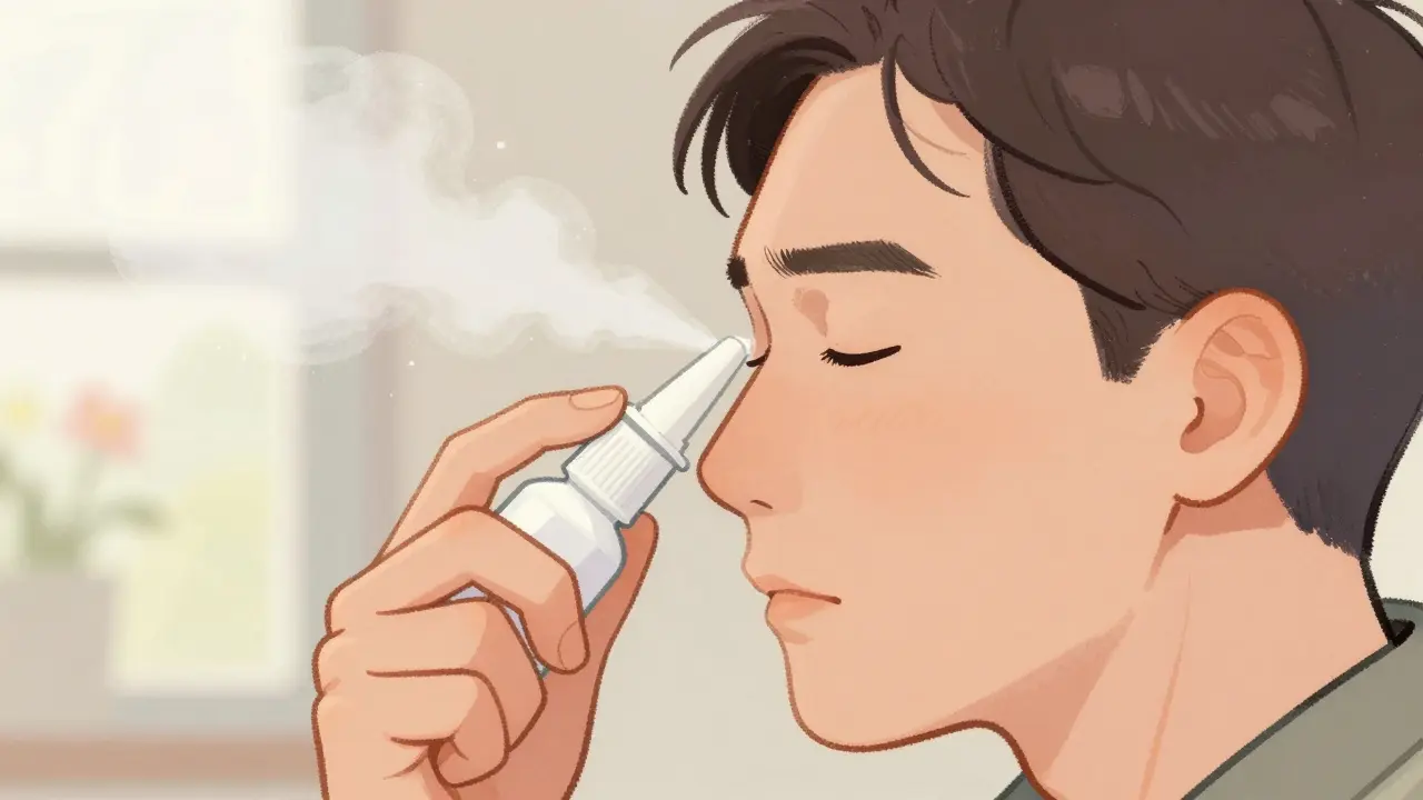 Correct technique demonstration for applying nasal steroid spray