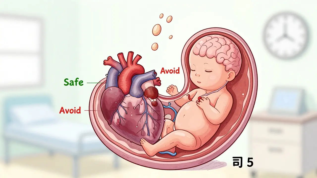 Cross-section of a developing embryo with floating medication labels indicating safe and risky substances.