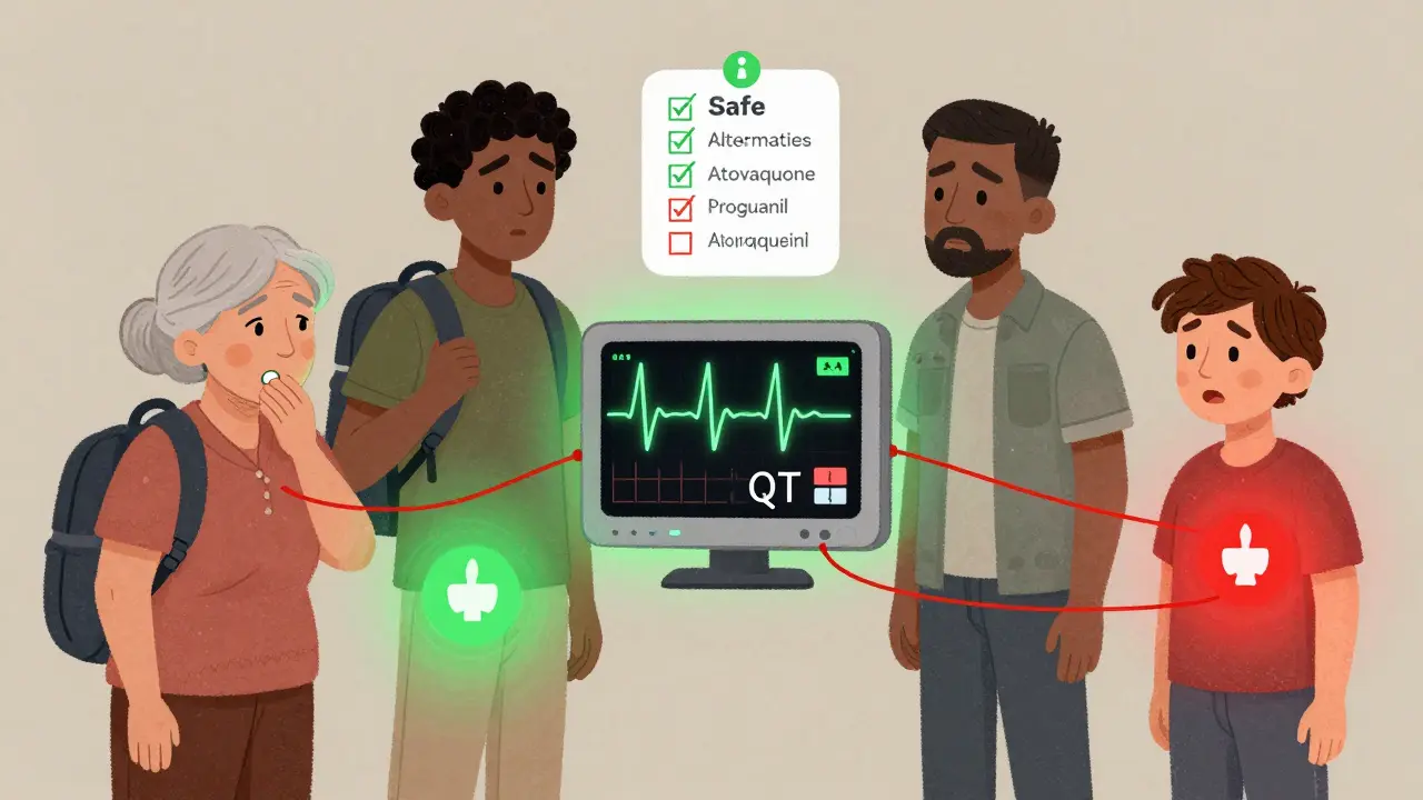 Diverse patients linked to an ECG monitor showing prolonged QT, with safer drug options glowing green.