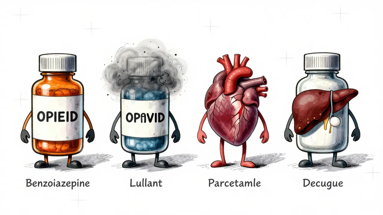 Four drug bottles casting shadows of long-term physical effects: a damaged kidney, foggy mind, racing heart, and decaying liver, illustrated in medical cartoon style.