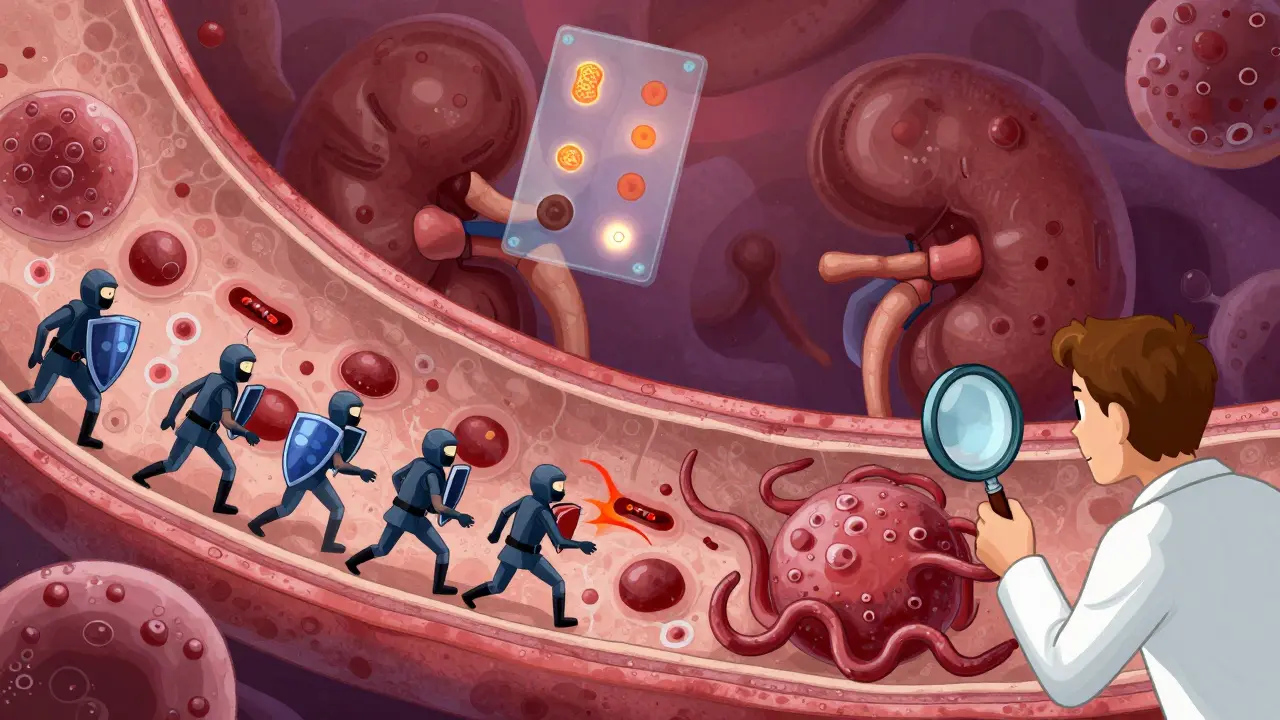 Immune cells attacking kidney filters in a stylized battle scene with glowing antibody deposits.