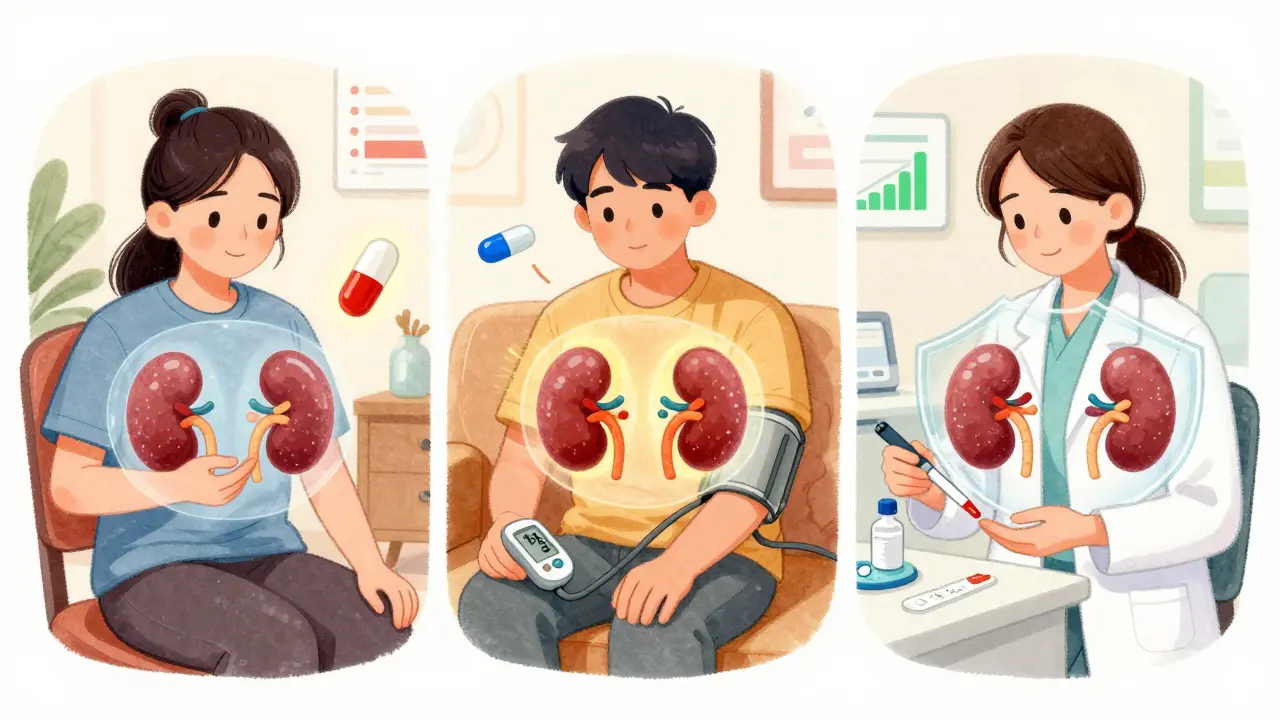 Three patients with healing kidneys shown through transparent overlays as they manage their conditions.