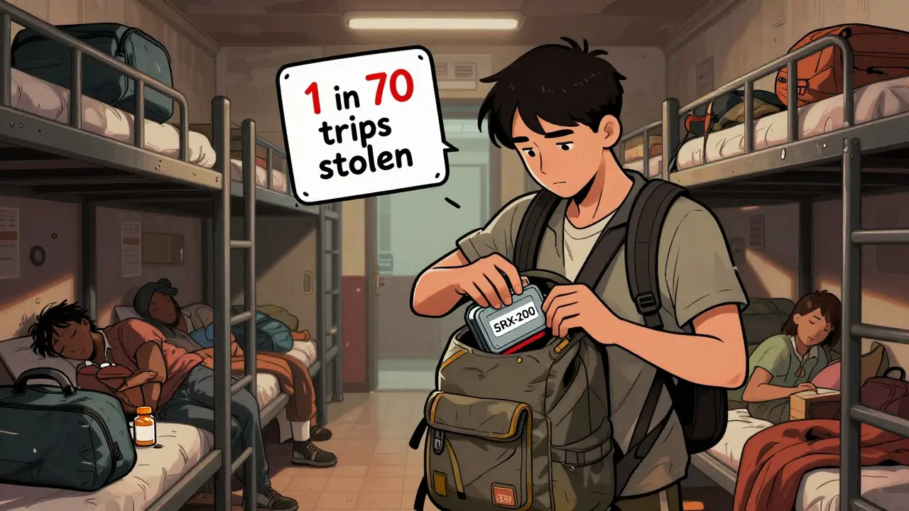 Traveler securing medication in a portable lock box in a crowded hostel dorm with warning signs.
