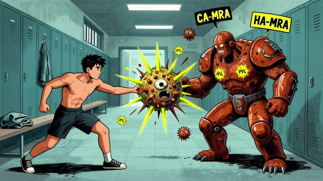 Two MRSA strains battle, with a hybrid strain emerging, surrounded by community and hospital environments.