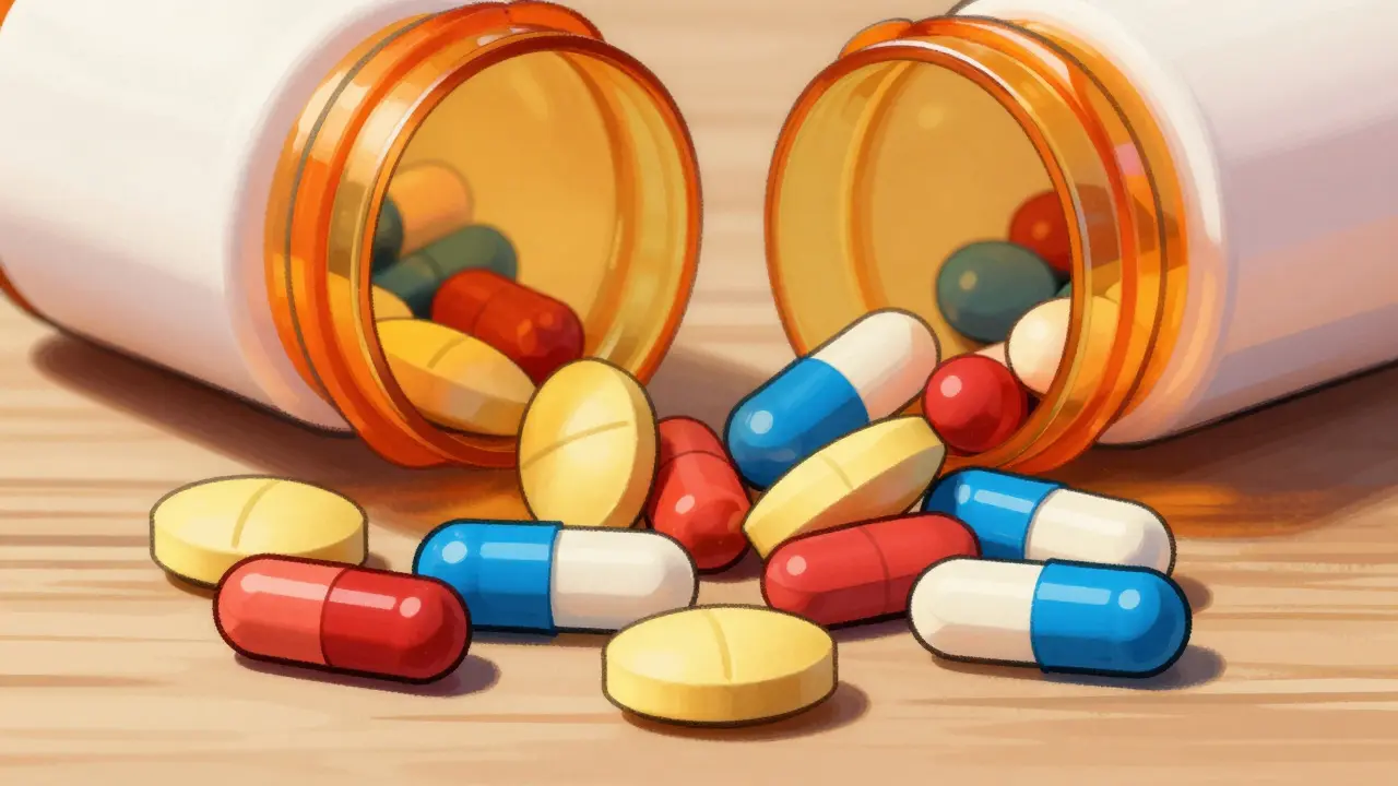 Various colorful pills spilled from a medicine bottle on a table.