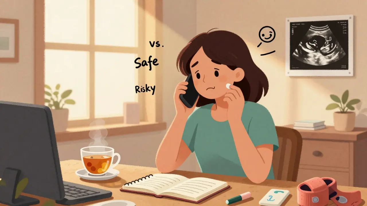Woman talking to a specialist on the phone surrounded by pregnancy-safe remedies and an ultrasound image.