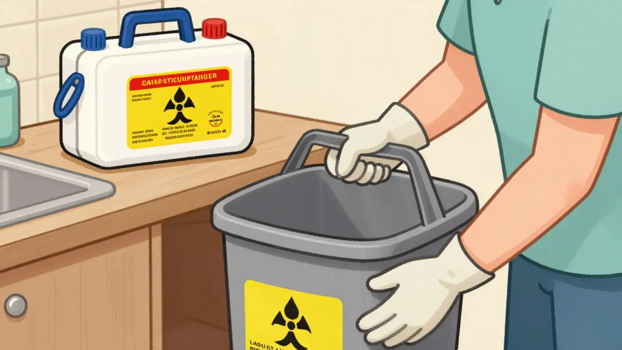 Caregiver using a hazardous waste bin and spill kit for chemotherapy safety at home.