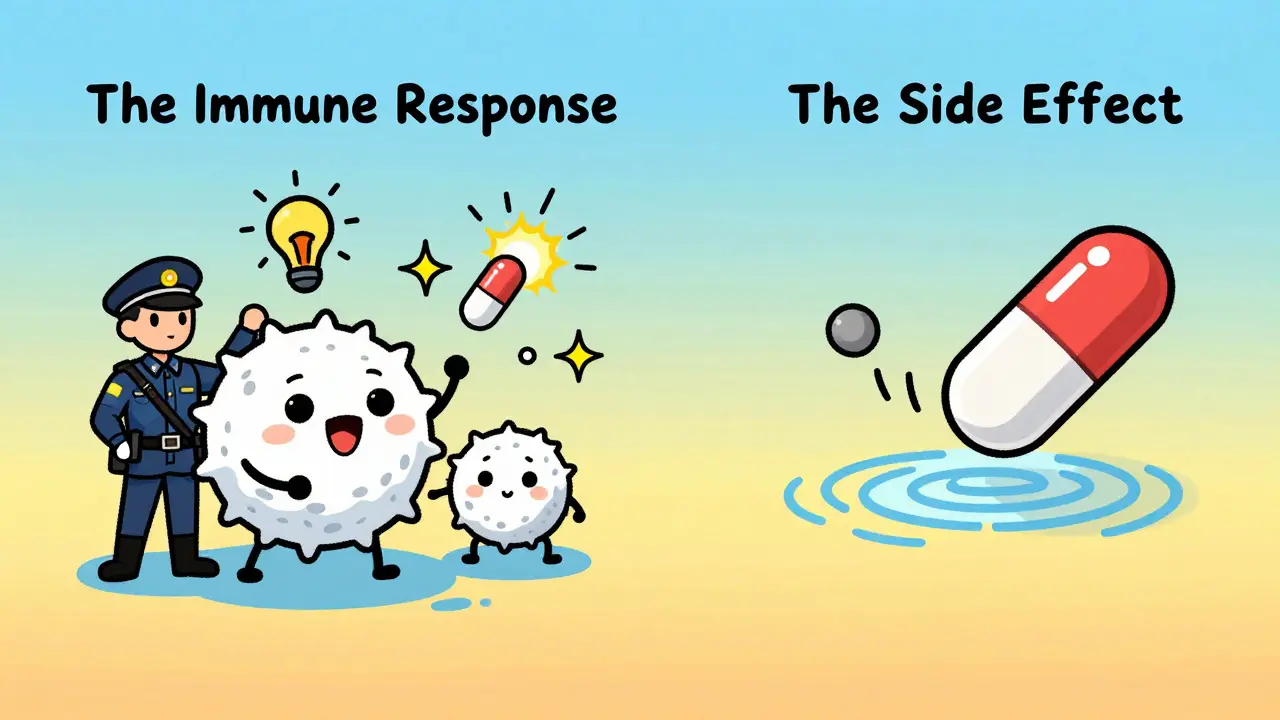 Cartoon comparison of an immune system overreaction versus a predictable drug side effect.