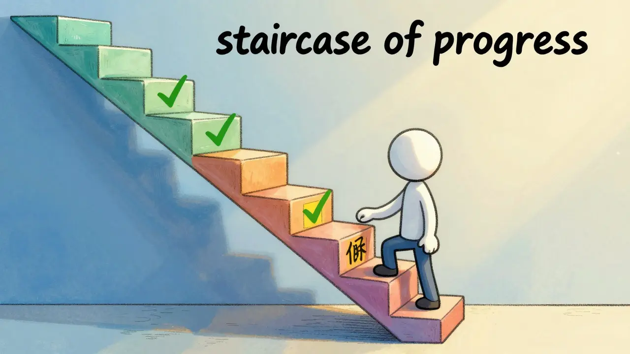 Cartoon of a person carefully climbing a staircase representing a guided medication dose increase.