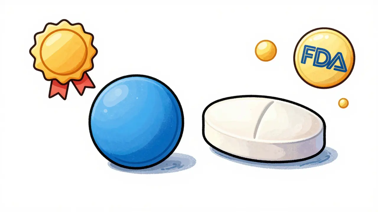 Comparison of a blue round pill and a white oval pill showing they are equivalents
