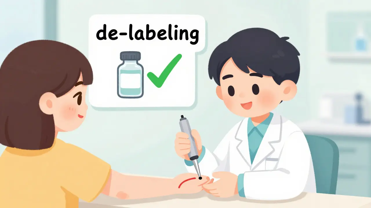 Digital illustration of a patient undergoing a skin test to remove an incorrect drug allergy label.