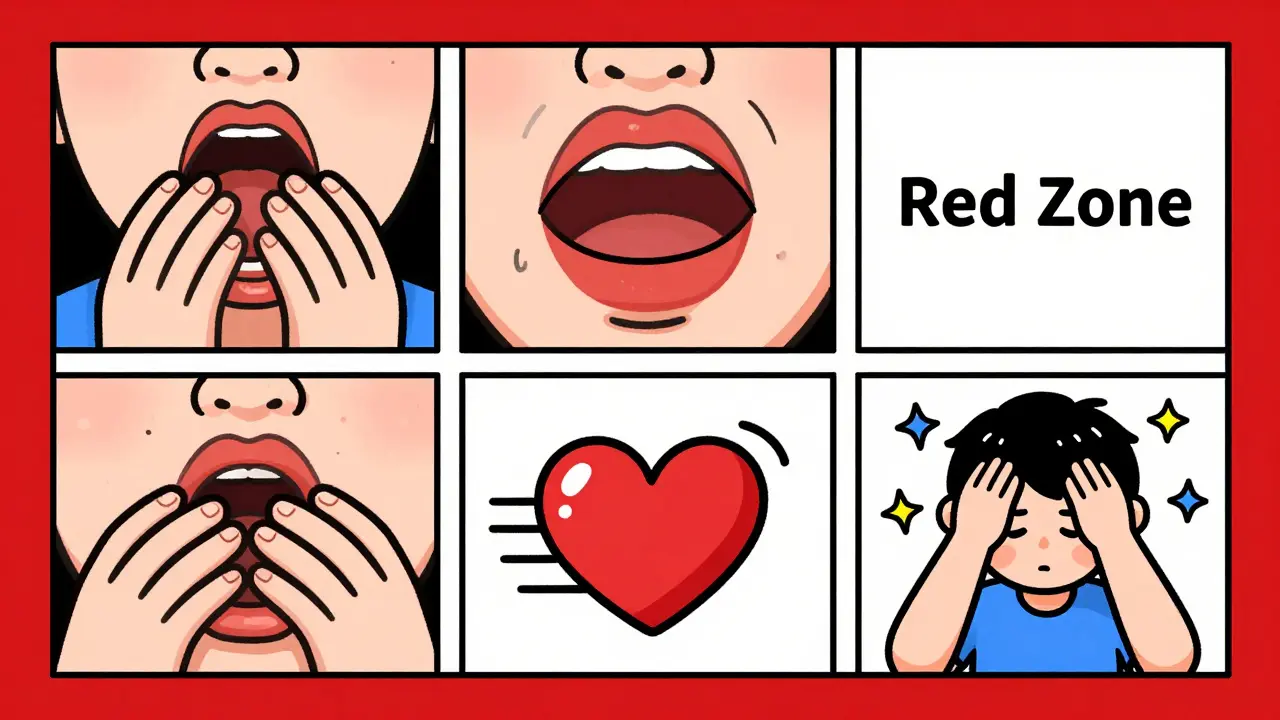 Four panels showing emergency symptoms like throat tightness and rapid heartbeat