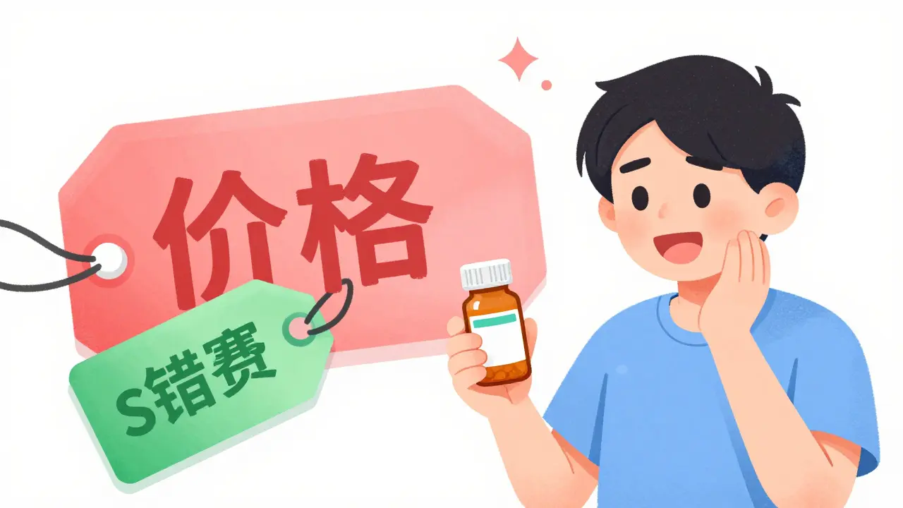 Happy person holding an affordable generic medication bottle with savings symbols