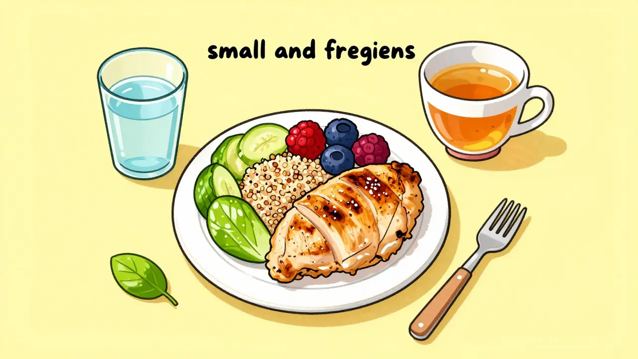 Illustration of a small, protein-rich meal with ginger tea and a small glass of water.