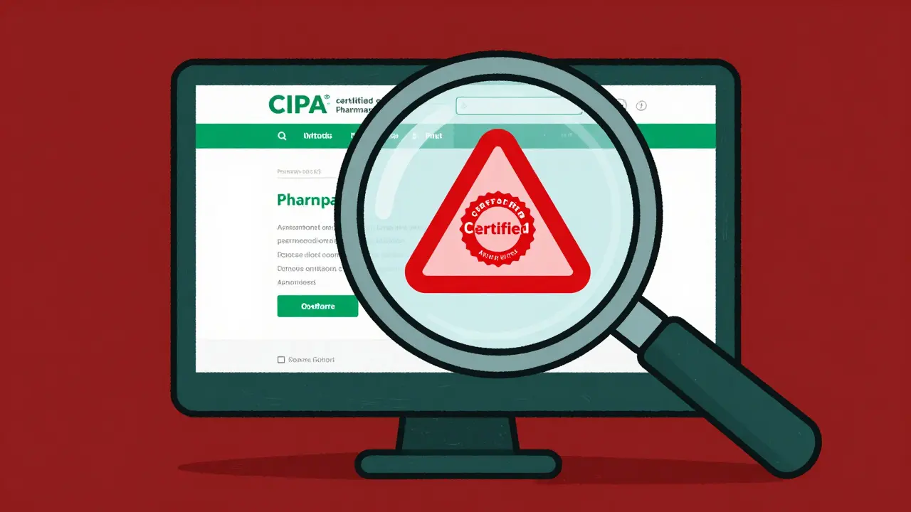 Magnifying glass checking for a certified seal on a pharmacy website.