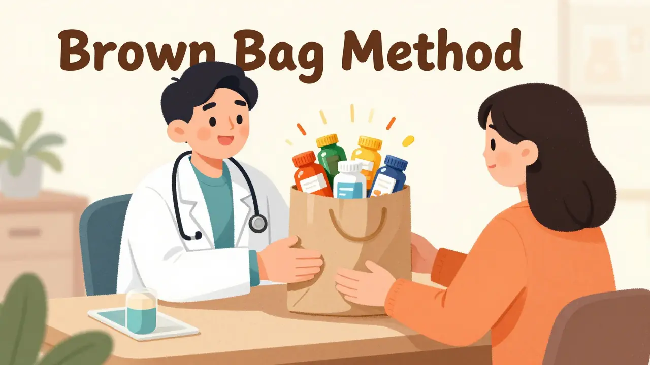 Patient handing a brown bag of multiple medications to a doctor