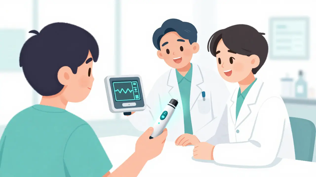 Patient using a modern, high-tech insulin delivery pen with a doctor overseeing stable glucose levels.