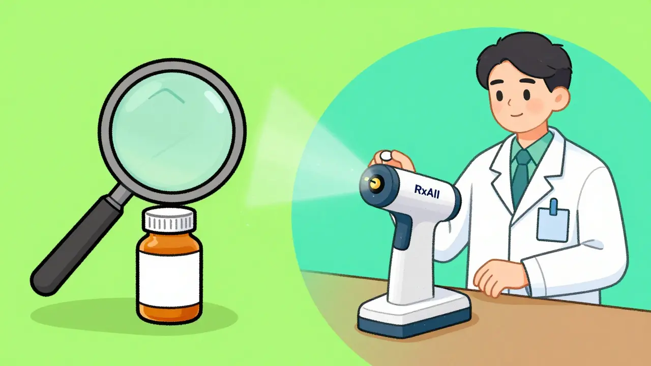 Pharmacist using a high-tech handheld device to analyze a pill's chemical signature