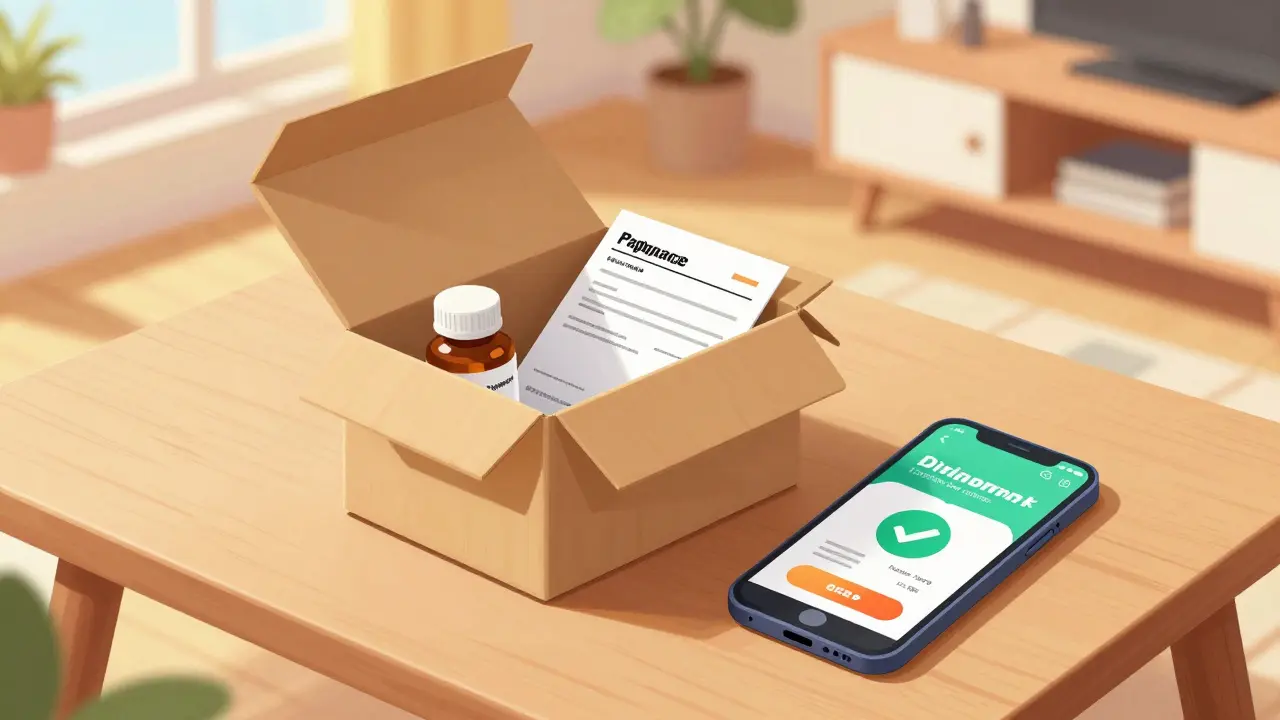 Pharmacy delivery box and a smartphone showing a discount coupon on a table.