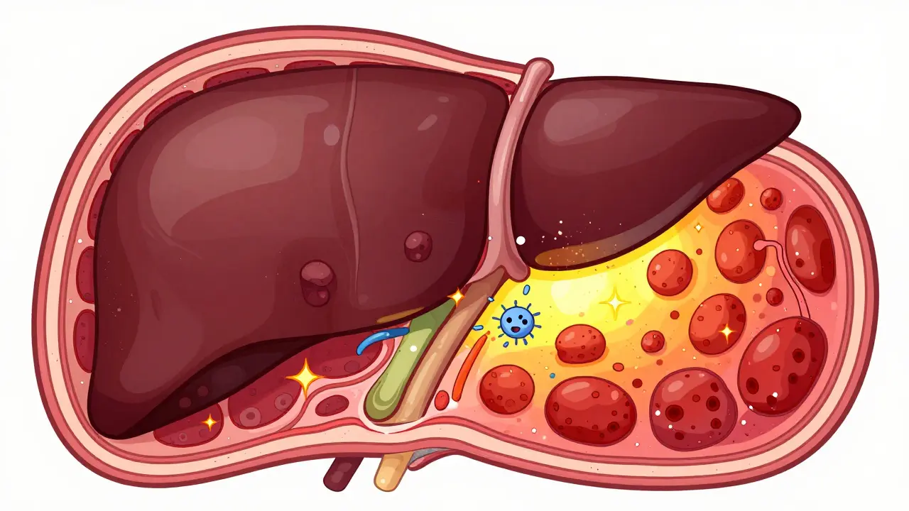 Stylized illustration of liver tissue inflammation and scarring during hepatitis.