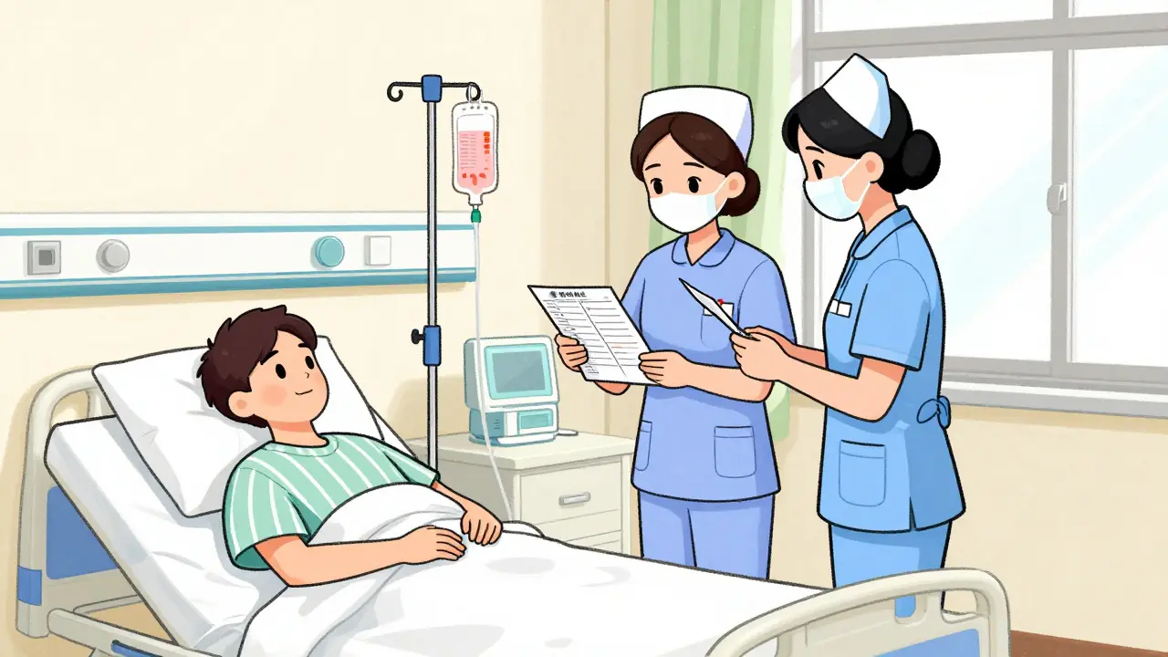 Two nurses performing a bedside verification of medication for a patient in a hospital room.