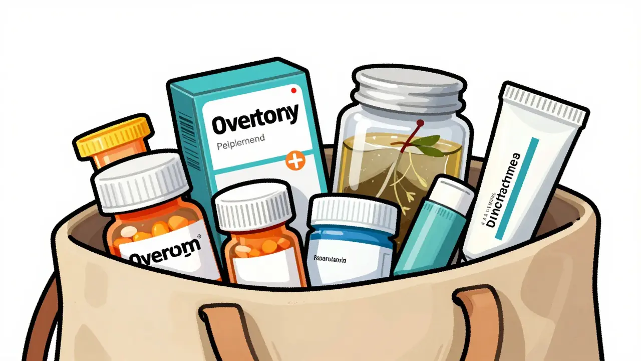 Bag filled with pills, vitamins, and supplements