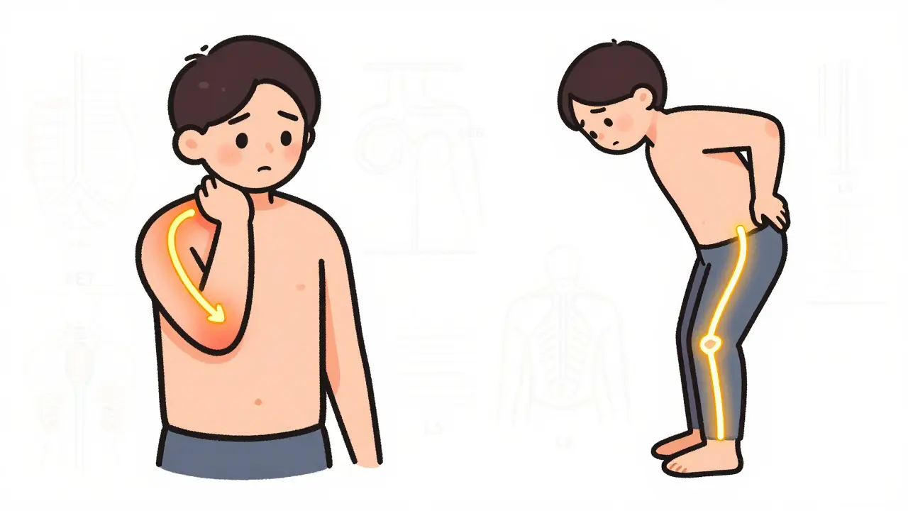 Cartoon comparison of neck and back nerve pain paths radiating to limbs