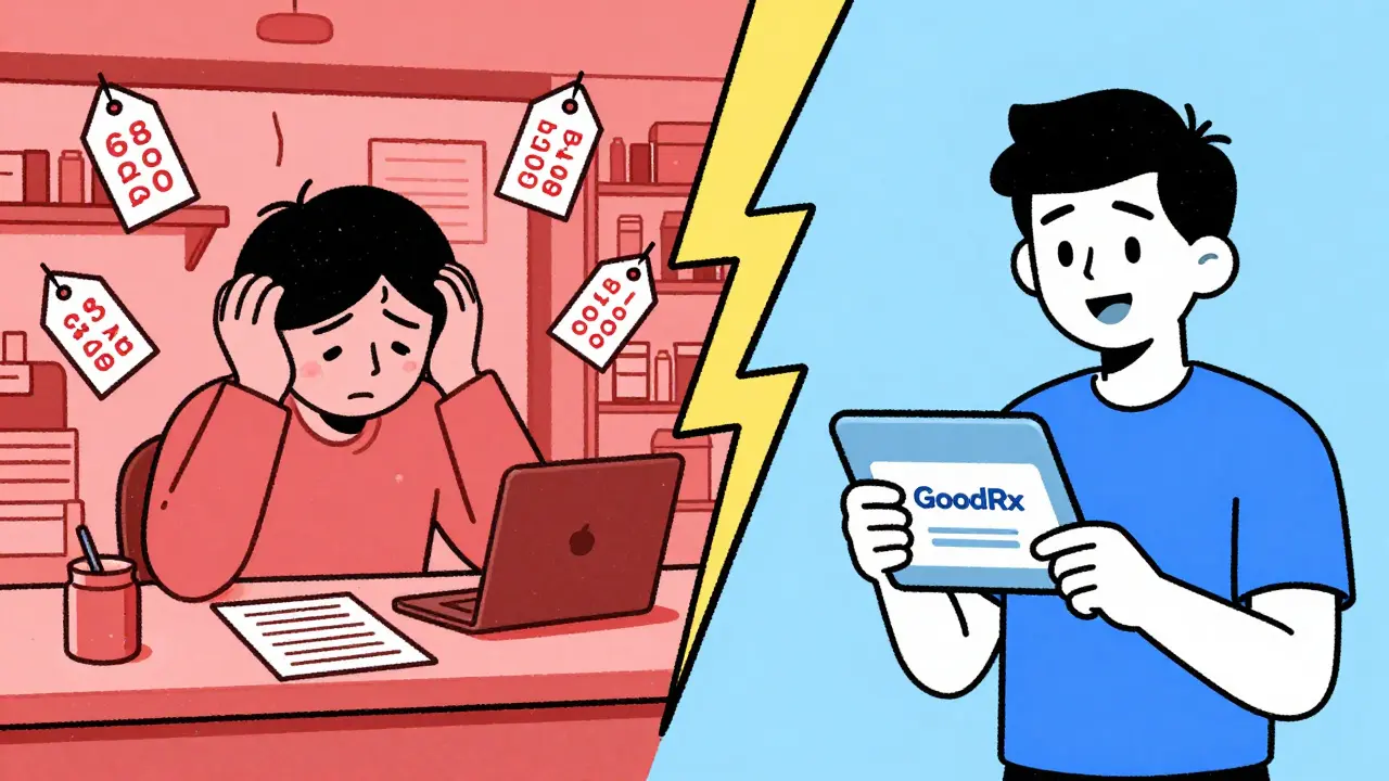 Cartoon comparison showing high costs at retail pharmacy versus savings with discount coupons.