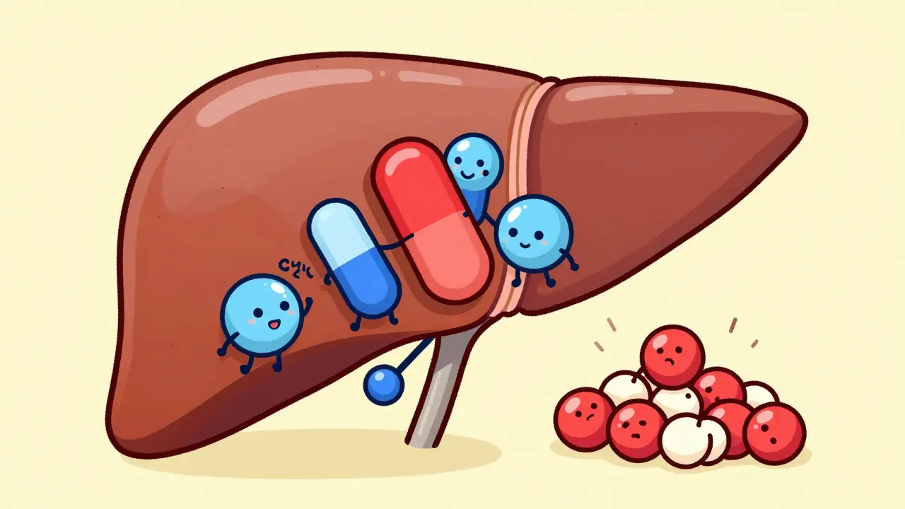 Cartoon liver showing enzymes blocked by antibiotics causing warfarin buildup