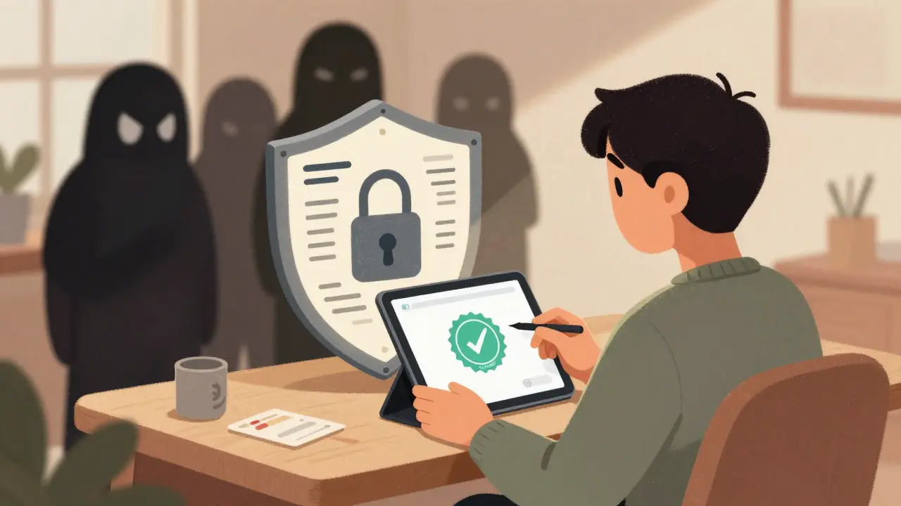 Cartoon showing safe online pharmacy verification protecting a user from scams.