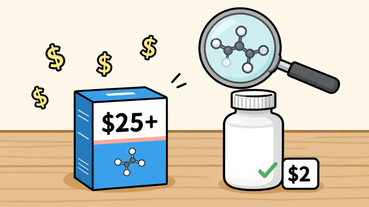 Comparison of expensive brand name vs cheap generic pill bottles with identical molecules