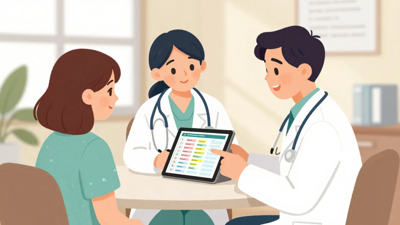 Doctor and patient reviewing medication alerts on a tablet