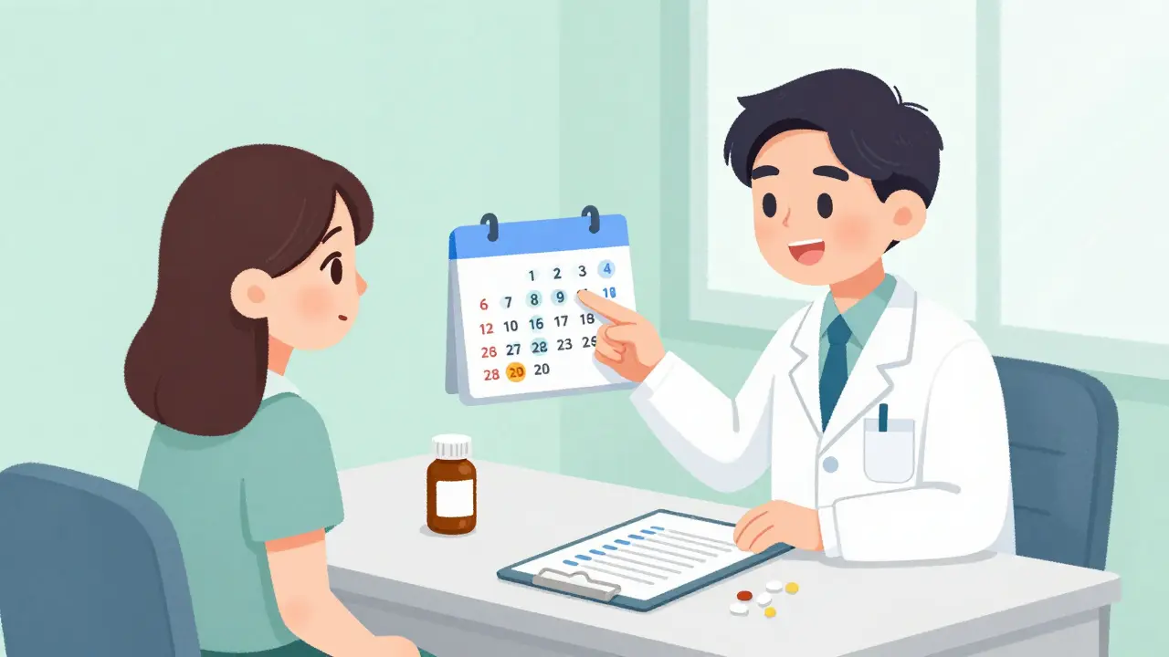 Doctor explaining frequent blood testing schedule to a patient in a clinic