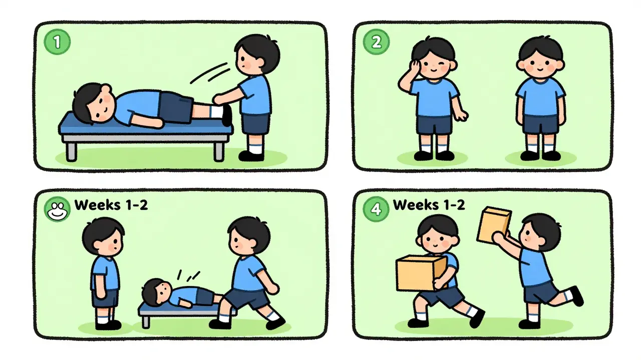 Four-panel illustration showing step-by-step radiculopathy rehab exercises