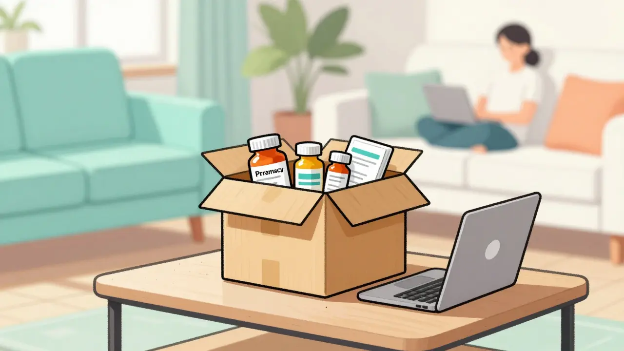 Hand-drawn image of medication delivery box arriving at home via online pharmacy service.