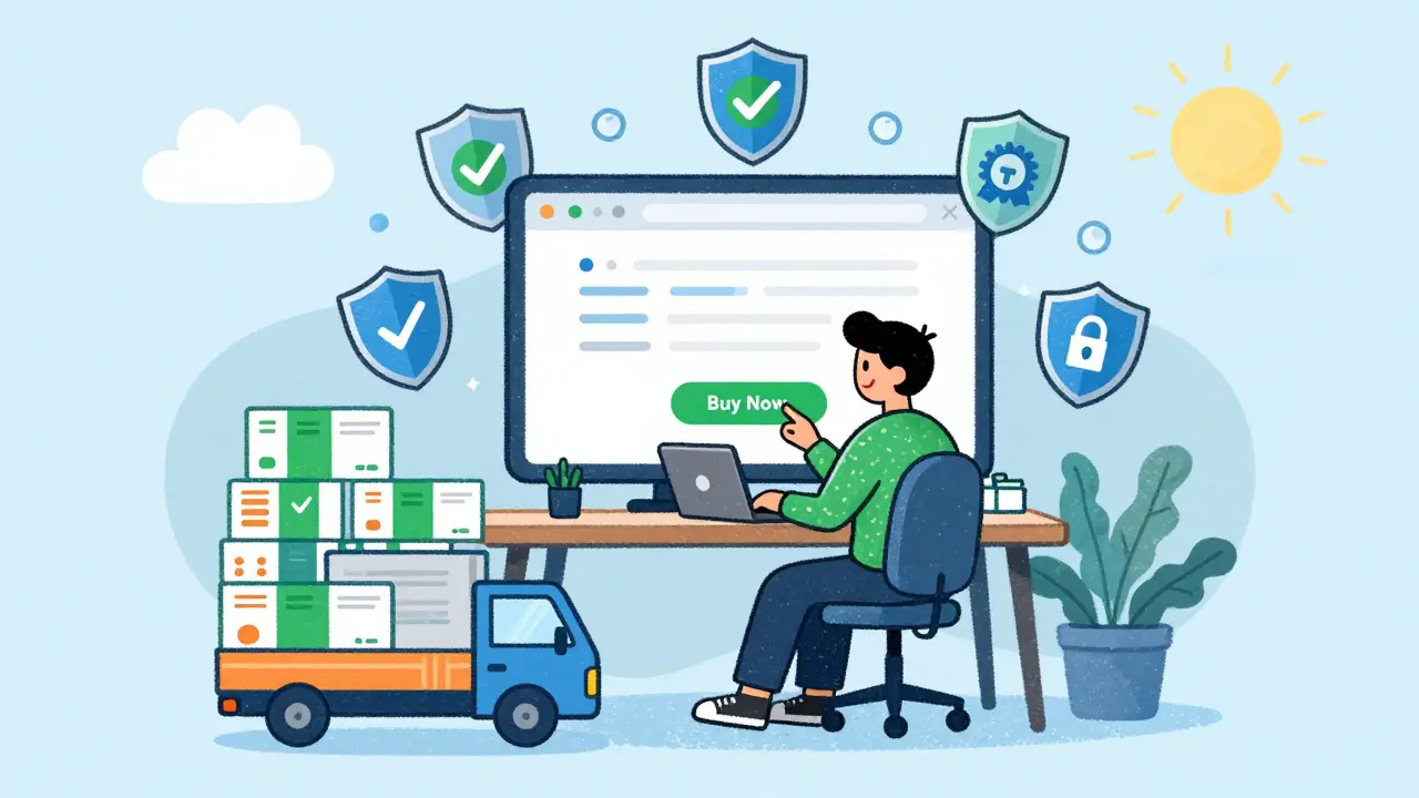 Happy person safely buying generic medication online with security shields and delivery